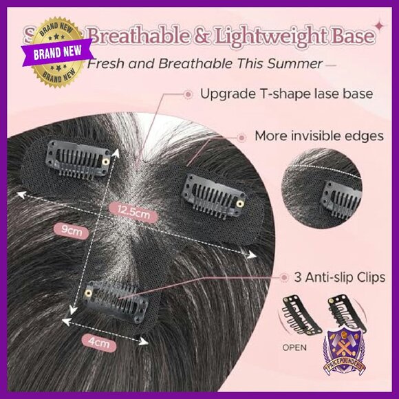 Real Human Hair Topper with Side Bangs, 9x12.5cm Hand-Tied Base, Invisible Edges main image 4
